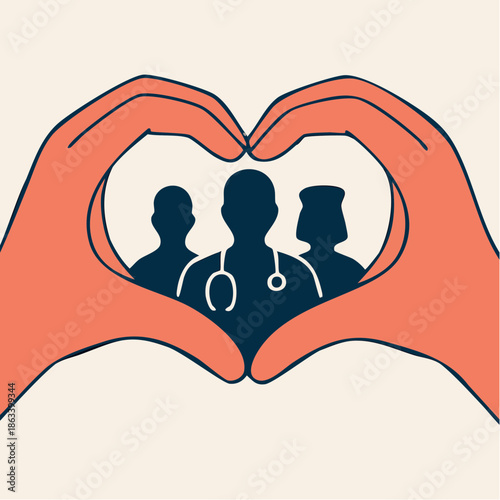 hands of care; orange heart frame shelters silhouettes of healthcare heroes in quiet tribute