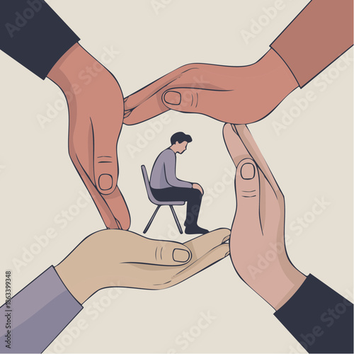 surrounded by care; slouched figure shielded by hands in stylized moment of emotional refuge