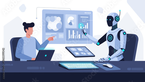Human and artificial intelligence collaboration in a futuristic digital workplace, illustrating advanced data analysis and machine learning for innovative business solutions and technological progress