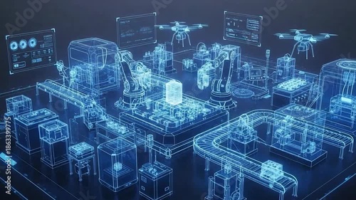 Futuristic automated factory floor with robotic arms and drone technology for production.