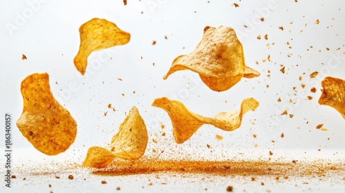 Golden potato chips flying in the air with spices around on white background