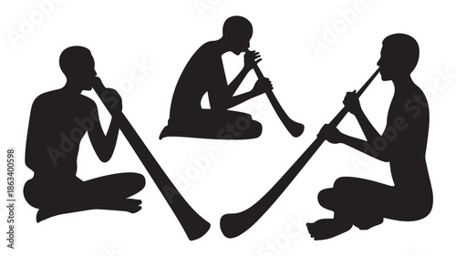 Aboriginal men playing didgeridoo traditional cultural graphic black silhouette on white background vector illustration for Australian culture and music representation.