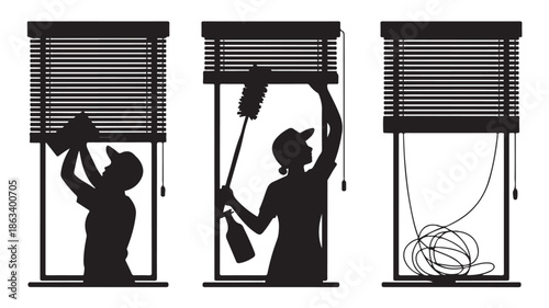People Cleaning Window Blinds Diligently in Black and White Graphic Vector Illustration for Home Maintenance Guides.