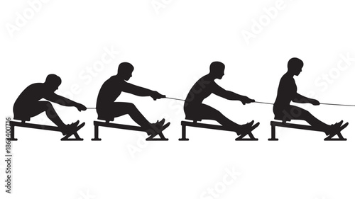 Rowing machine exercise sequence with dynamic athletic style in black silhouette graphic clean vector illustration for fitness training guides and sports education.