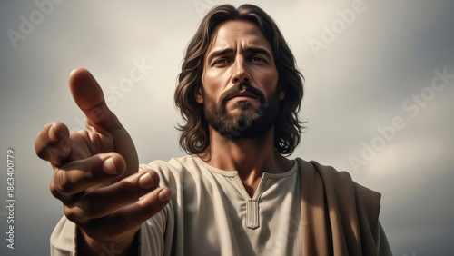 Man Jesus Christ extending hand for help in a spiritual and religious concept. Warm tone for faith and divine guidance themes.