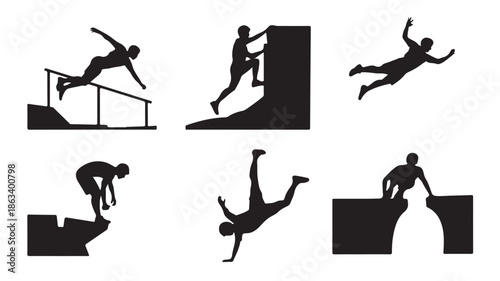 Parkour Action Silhouettes Jumping Climbing Falling Isolated on White