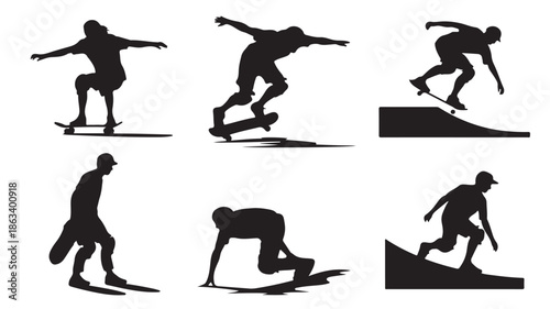 Skateboarder Silhouettes Performing Tricks on White Background Vector Set