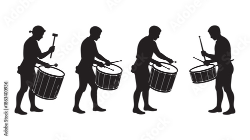 Black Silhouette Drummers Playing Marching Drums Isolated on White