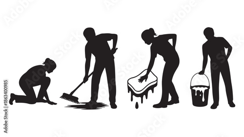Cleaning Silhouettes of People Sweeping, Scrubbing, and Wiping Isolated on White