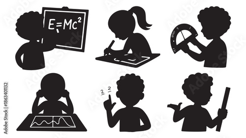 Students Silhouettes Engaged Educational Activities Isolated White Background Vector Set