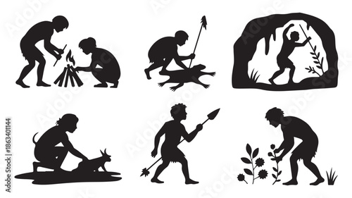 Prehistoric Humans Primitive Life Activities Silhouette Set Isolated on White