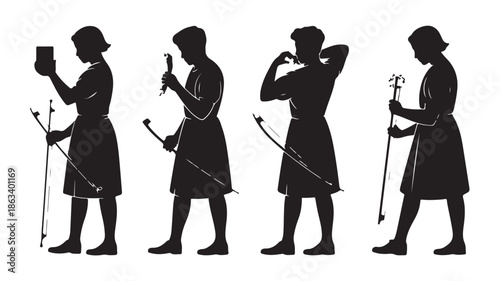 Ancient Greek Men Silhouettes Holding Scrolls and Staffs Vector Isolated on White