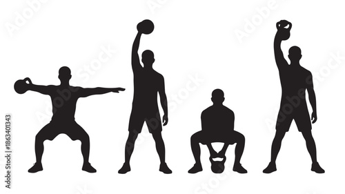 Kettlebell workout silhouettes with dynamic fitness poses in high contrast black and white vector graphic for gym promotion.