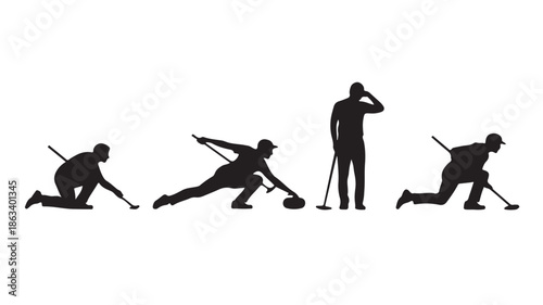 Curling Players Silhouettes in Dynamic Action with Black and White Graphic Illustration for Winter Sports Design.