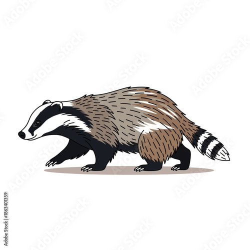 A cartoon badger is walking on a plain white background with a subtle shadow underneath its feet.