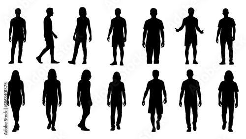 A collection of black silhouettes of people walking in various poses on a white background