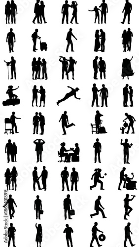 A collection of black silhouettes depicting various human figures in different poses and activities on a white background