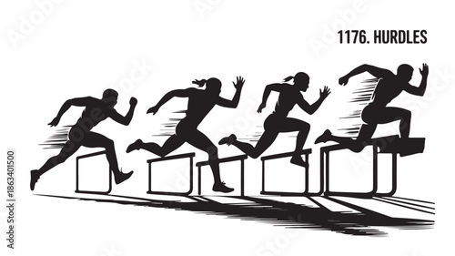 Athletes jumping hurdles in dynamic determined action with high contrast black and white silhouette graphic illustration for sports marketing.