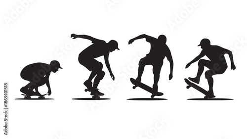 Skateboarders performing dynamic tricks in silhouette style with black and white graphic vector illustration for extreme sport branding.