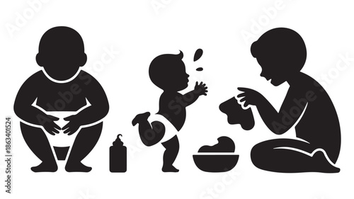 Infant hygiene routine simple graphic black and white silhouette vector icon set for childcare resources.
