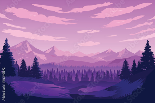 Flat illustration mountain night background with layered terrain