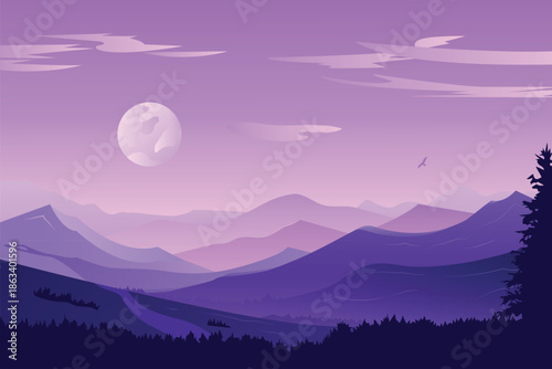 Peaceful mountain night background with moon and soft colors