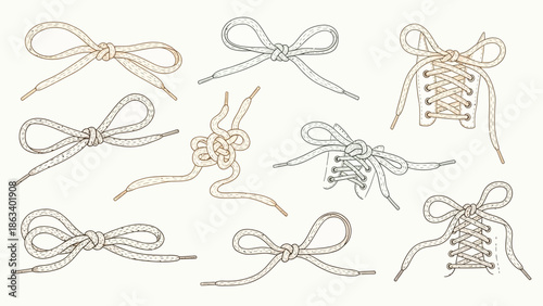 A collection of variously tied shoelaces and bows on a plain background