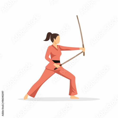 Woman in Gi Practicing Bo Staff Martial Arts Stance.