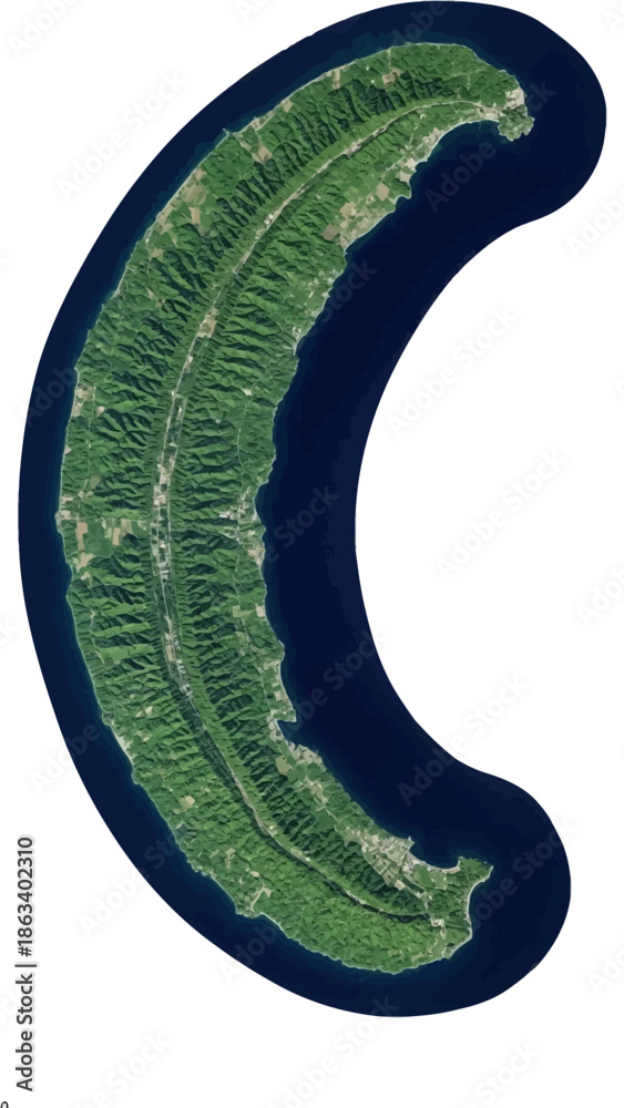 Obraz premium Aerial view of a crescent-shaped island surrounded by dark blue ocean waters