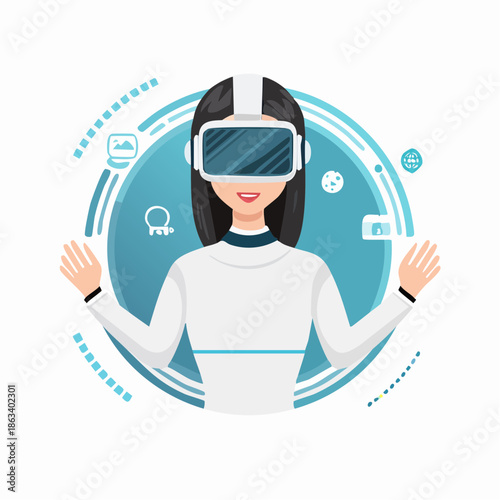 Woman Wearing VR Headset Experiencing Virtual Reality.