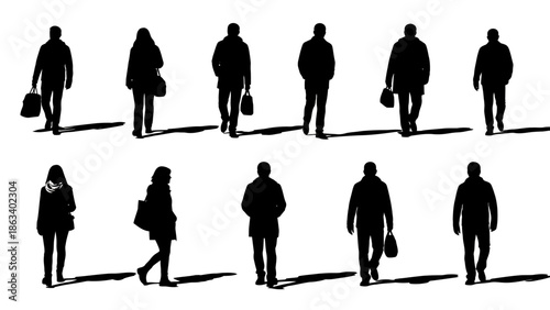 A group of people walking in different directions in black silhouette on a white background