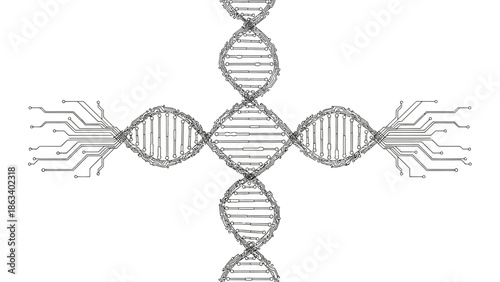 A detailed illustration of a DNA double helix structure merging with circuit board elements on a white background