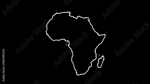 A white outline of the African continent on a black background