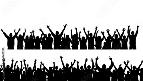 A group of people with their hands raised in celebration against a white background