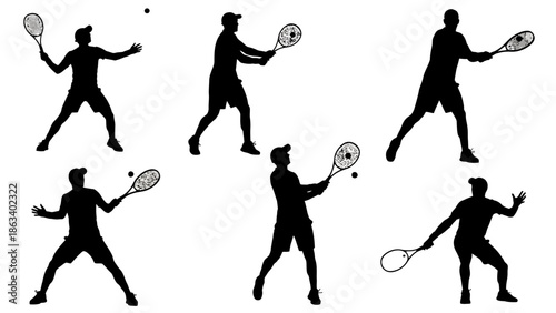 A group of black silhouettes of people playing tennis with rackets on a white background