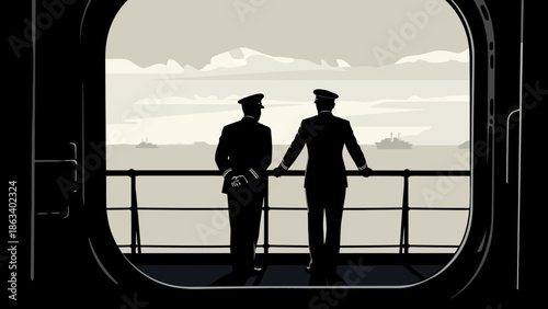 Two sailors standing on the deck of a ship looking out at the ocean