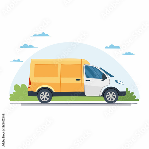 Yellow and White Delivery Van Illustration on Road.