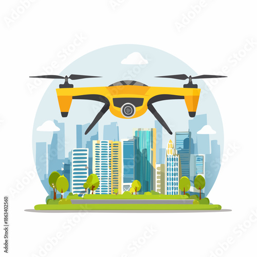 Yellow Drone Flying Over Cityscape with Propellers.