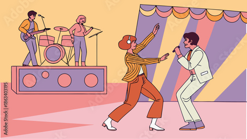 Vector image of a band in the background and people dancing in front of the stage, 1960s style, saturated colors and smooth lines.