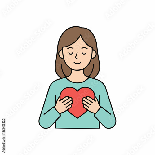 Heartfelt Affection: A serene person tenderly embraces a crimson heart against the chest, symbolizing self-love and compassion. This image reflects inner peace and emotional well-being.