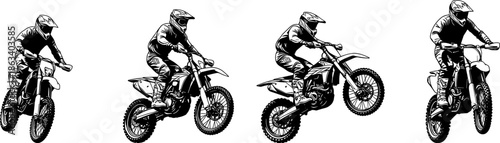 Black silhouettes of motocross riders jumping on dirt bikes, set of extreme motorcycle stunts, off road racing sports icons on white background,