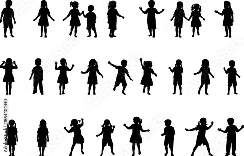 Large collection of black children silhouettes set, happy kids playing, standing and holding hands, diverse group of toddlers isolated on white background,