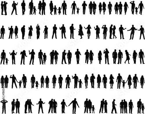 Large collection of black silhouettes of people and families, diverse groups of men, women and children in various standing and walking poses,