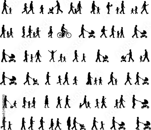 Large collection of family silhouettes walking with strollers, parents and children outdoor activities set, diverse people group icons, urban lifestyle vector elements,