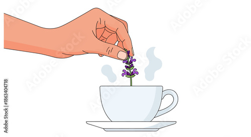 hand putting lavender flower into steaming tea cup on saucer