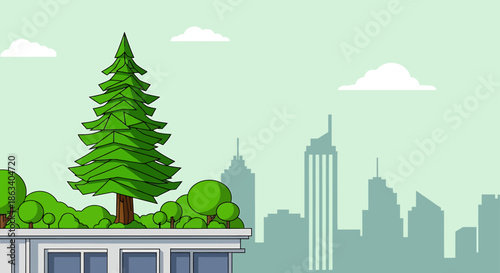 green roof urban garden on building with city skyline background