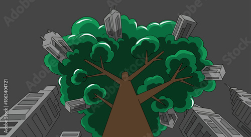 tree growing amidst city skyscrapers urban landscape nature