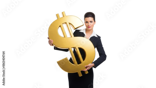 Finance and Fortune: An elegant business woman confidently clutches a large gold dollar sign, embodying financial success and economic power.