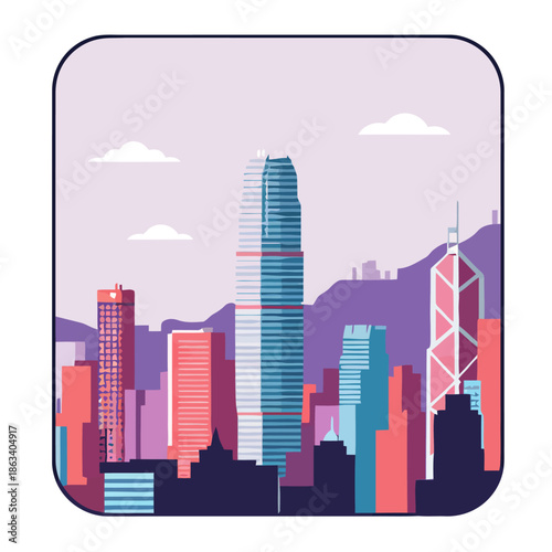 hong kong cityscape illustration with skyscrapers and mountains