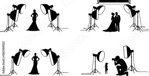 Professional photography studio silhouettes set, photographer taking photos of models, wedding couple and child with lighting equipment, camera flash vector icons collection,